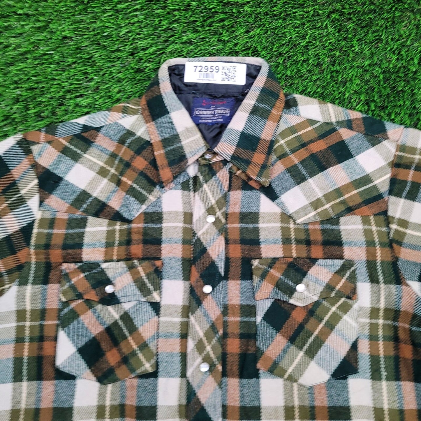 Vintage Sportswear Plaid Snap Button Shirt Large 22x29 Green