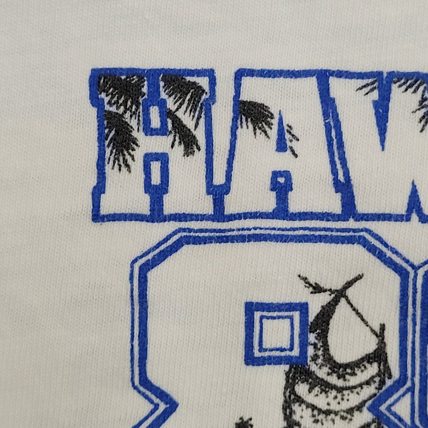 1989 Hawaii Beach Shirt Large 22x23 White Blue Spellout USA