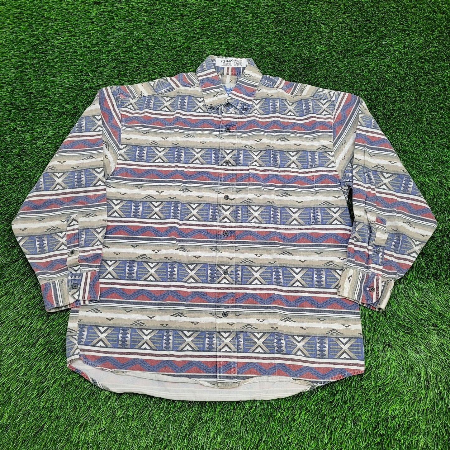 Vintage Tribal Aztec Button Shirt Large 23x30 Blue