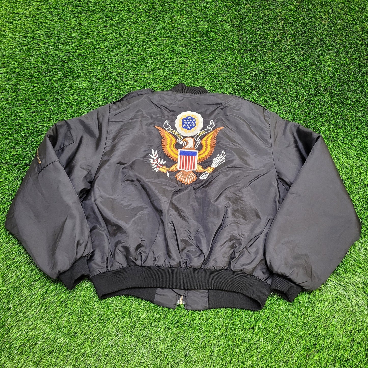 Vintage US Army Bomber Jacket XL 25x24 Black Fort-Knox Satin