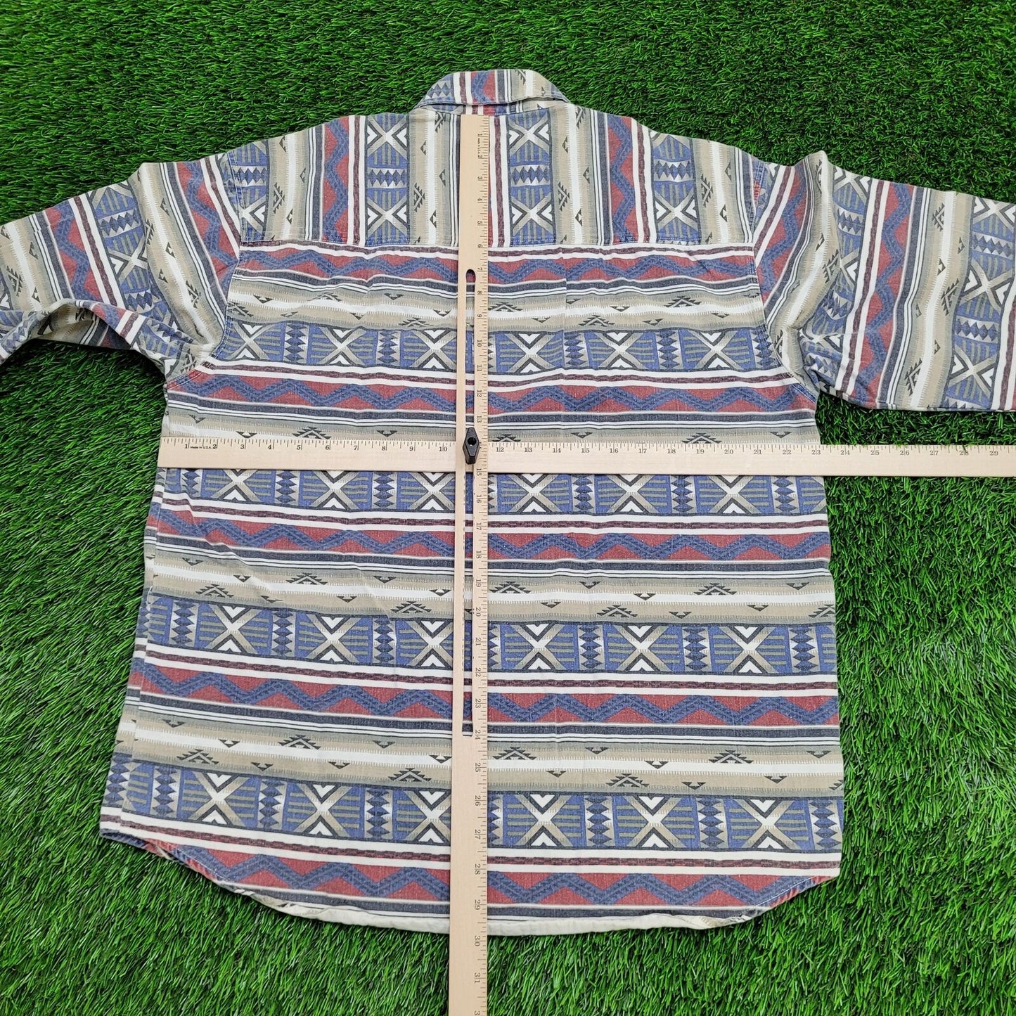 Vintage Tribal Aztec Button Shirt Large 23x30 Blue