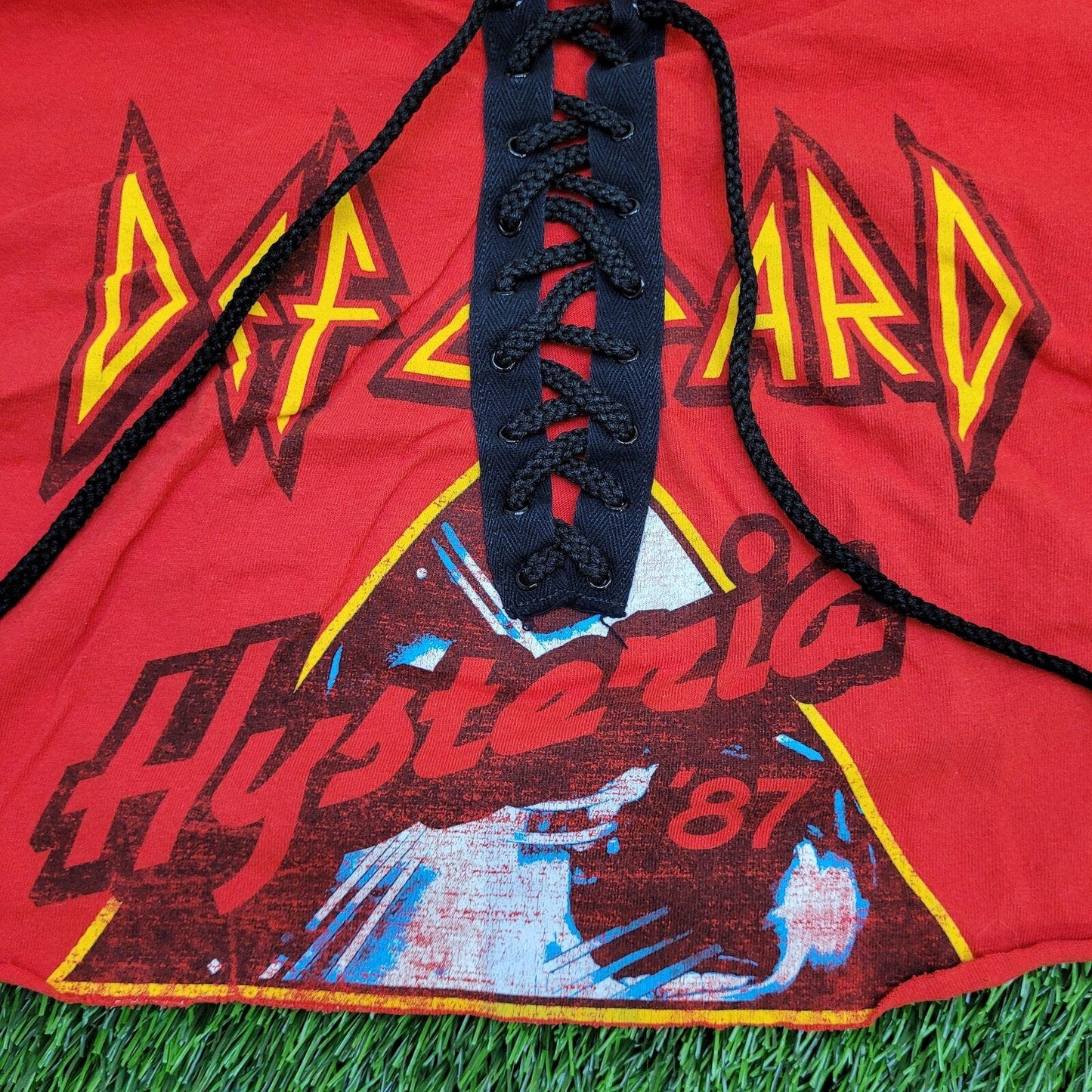 1987 Def-Leppard Lace-Up Choker Micro Crop-Top Shirt Womens M 19x14 Hysteria