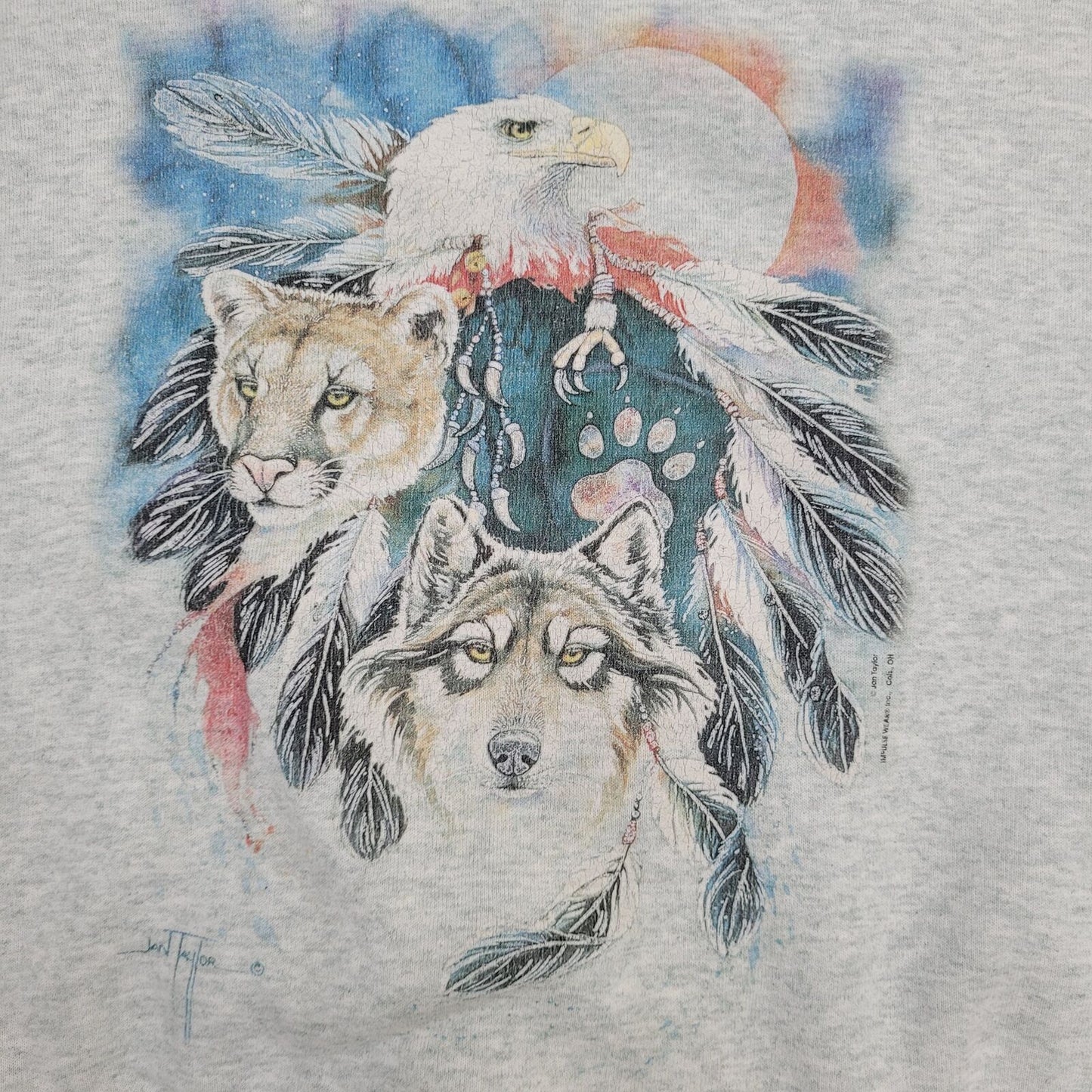 Vintage Tribal Eagle Wolf Sweatshirt Womens Large 22x21 Boxy