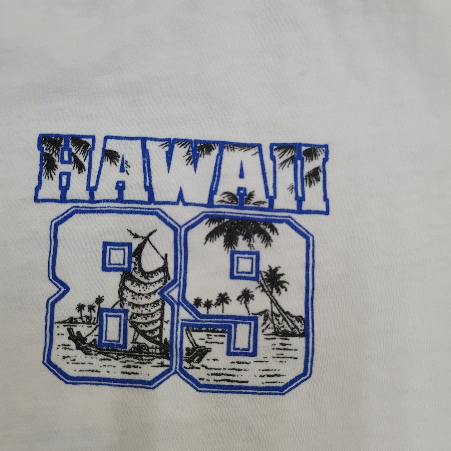 1989 Hawaii Beach Shirt Large 22x23 White Blue Spellout USA