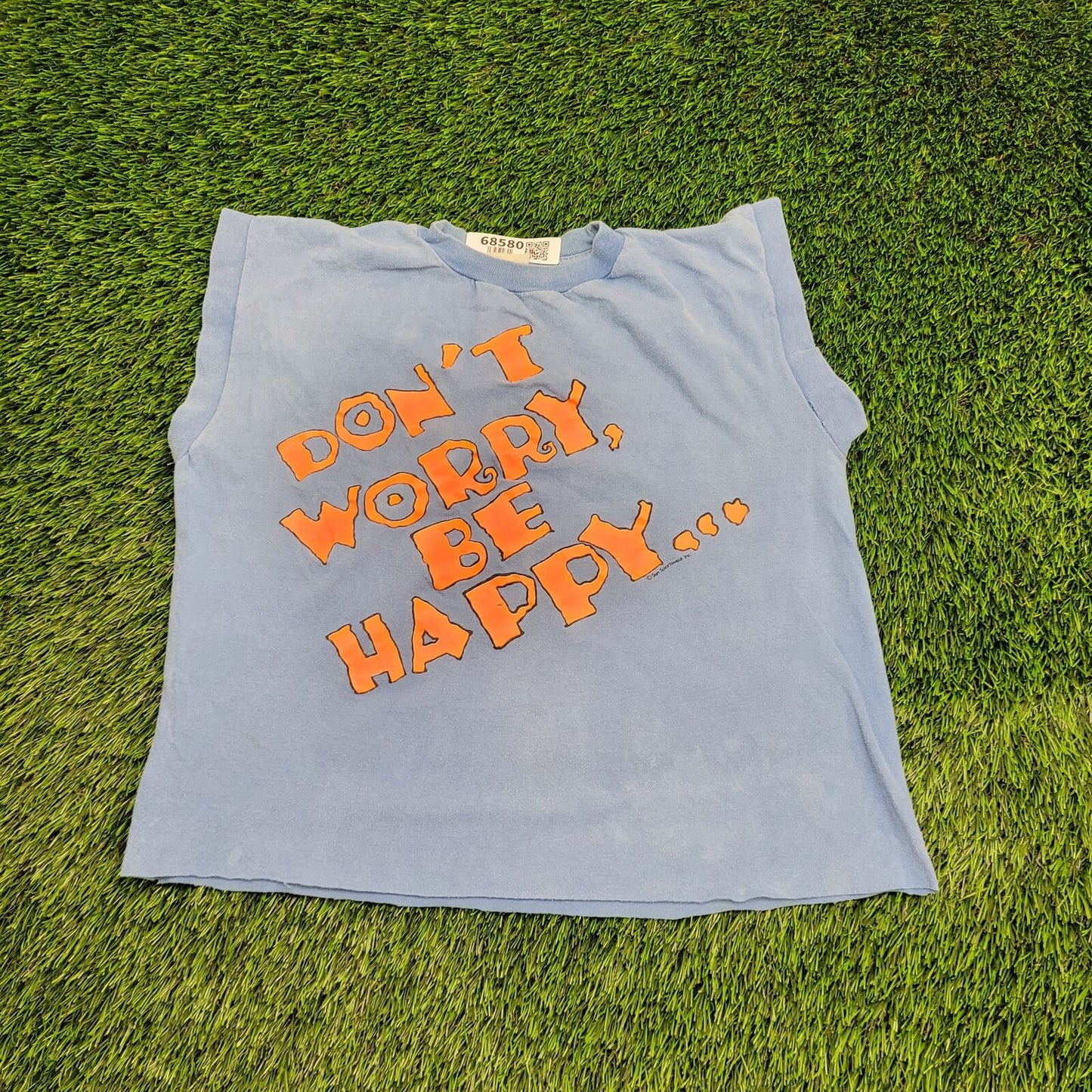 Vintage Slogan Be-Happy Cropped Shirt Women Large 20x19 Blue