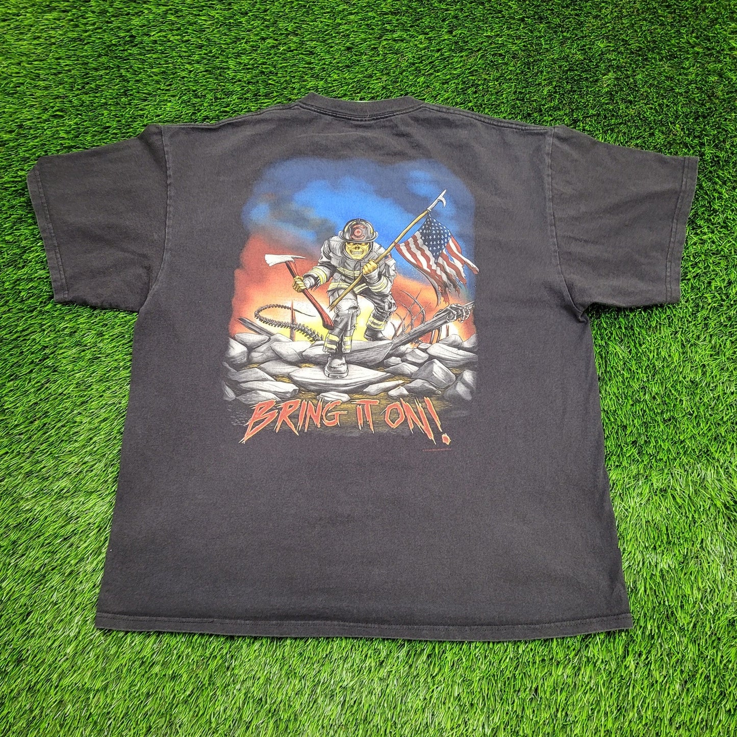 Vintage Y2K Firefighter Skull Shirt XL 23x27 Black