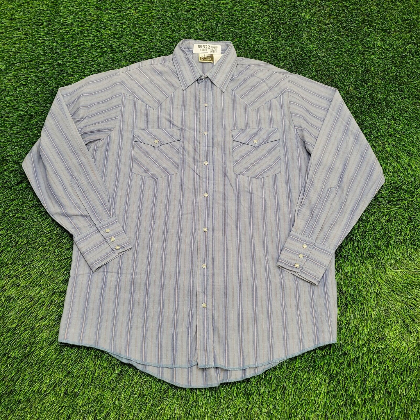 Vintage Y2K Express-Rider Pearl-Snap Shirt Large 24x33 Blue