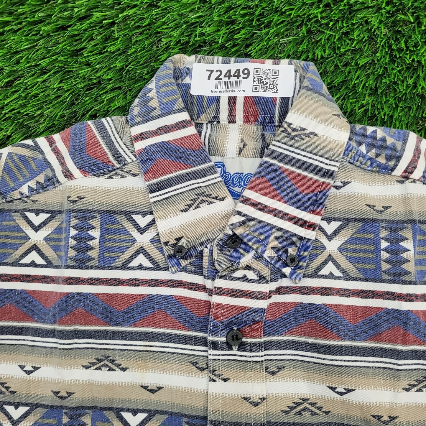 Vintage Tribal Aztec Button Shirt Large 23x30 Blue