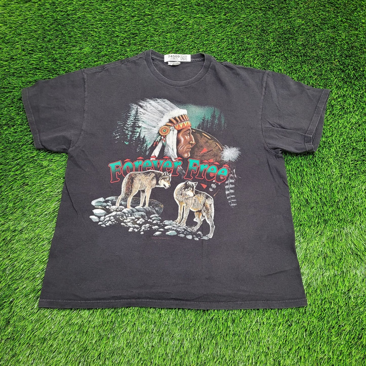 Vintage Y2K Native-American Wolf Shirt L/XL 22x26 Black