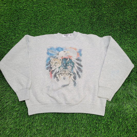 Vintage Tribal Eagle Wolf Sweatshirt Womens Large 22x21 Boxy