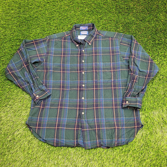 Vintage SIR Pendleton Wool Plaid Button Shirt XL 23x28 Green