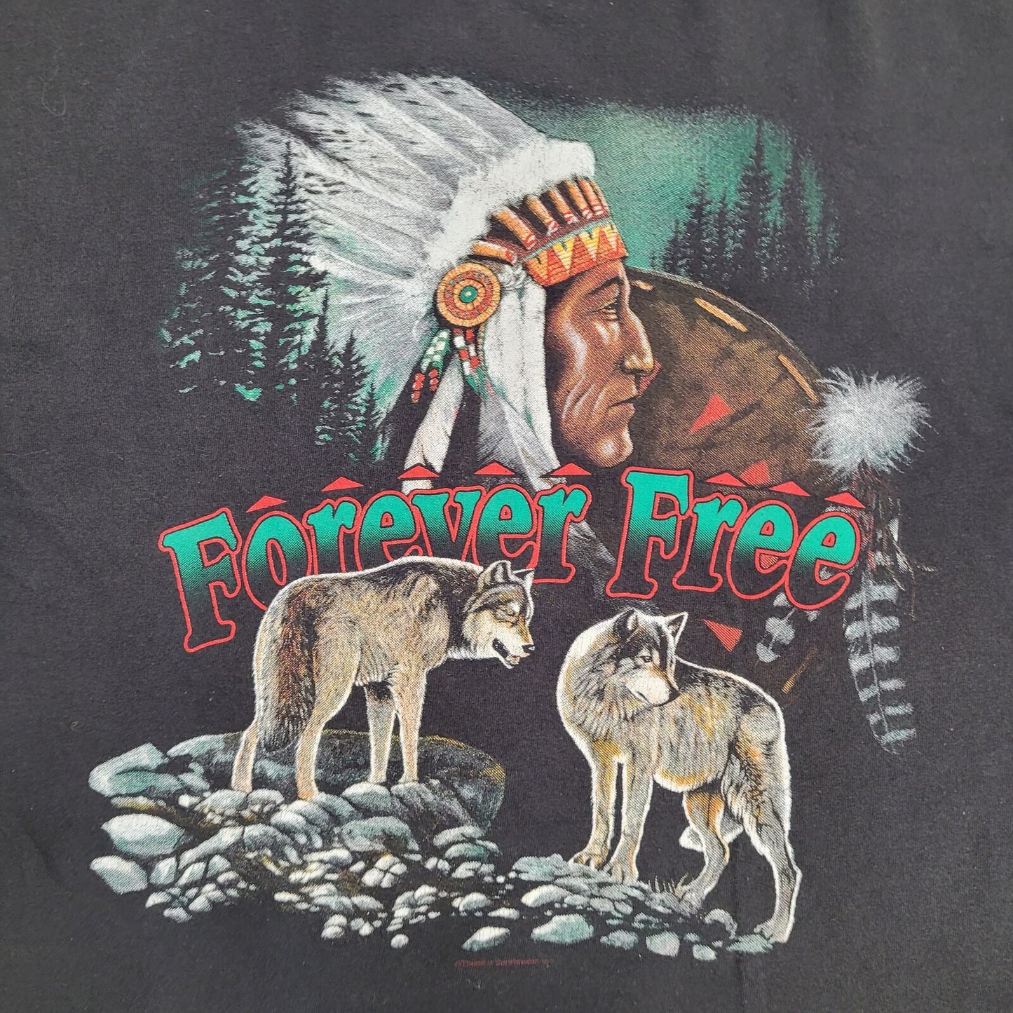 Vintage Y2K Native-American Wolf Shirt L/XL 22x26 Black