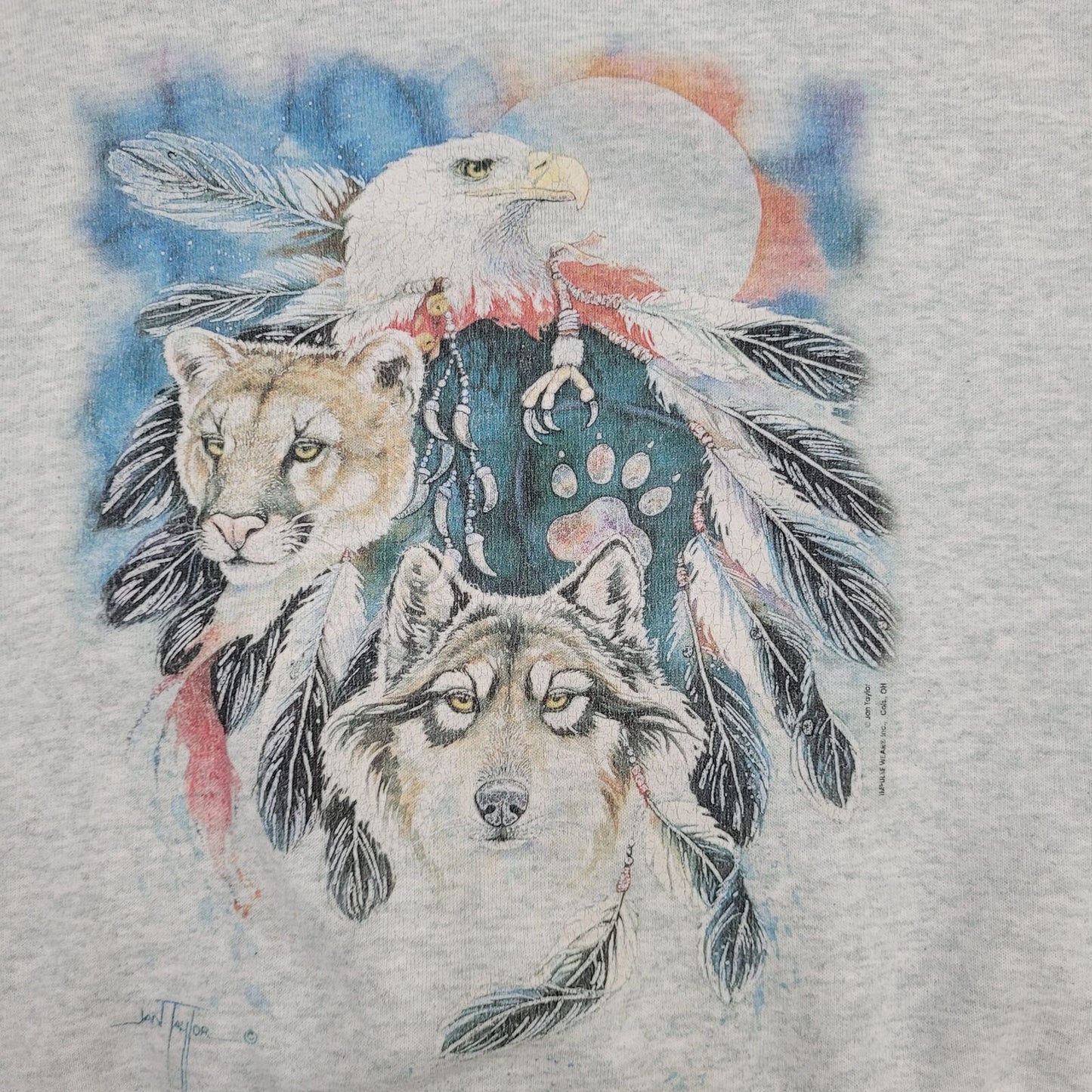 Vintage Tribal Eagle Wolf Sweatshirt Womens Large 22x21 Boxy