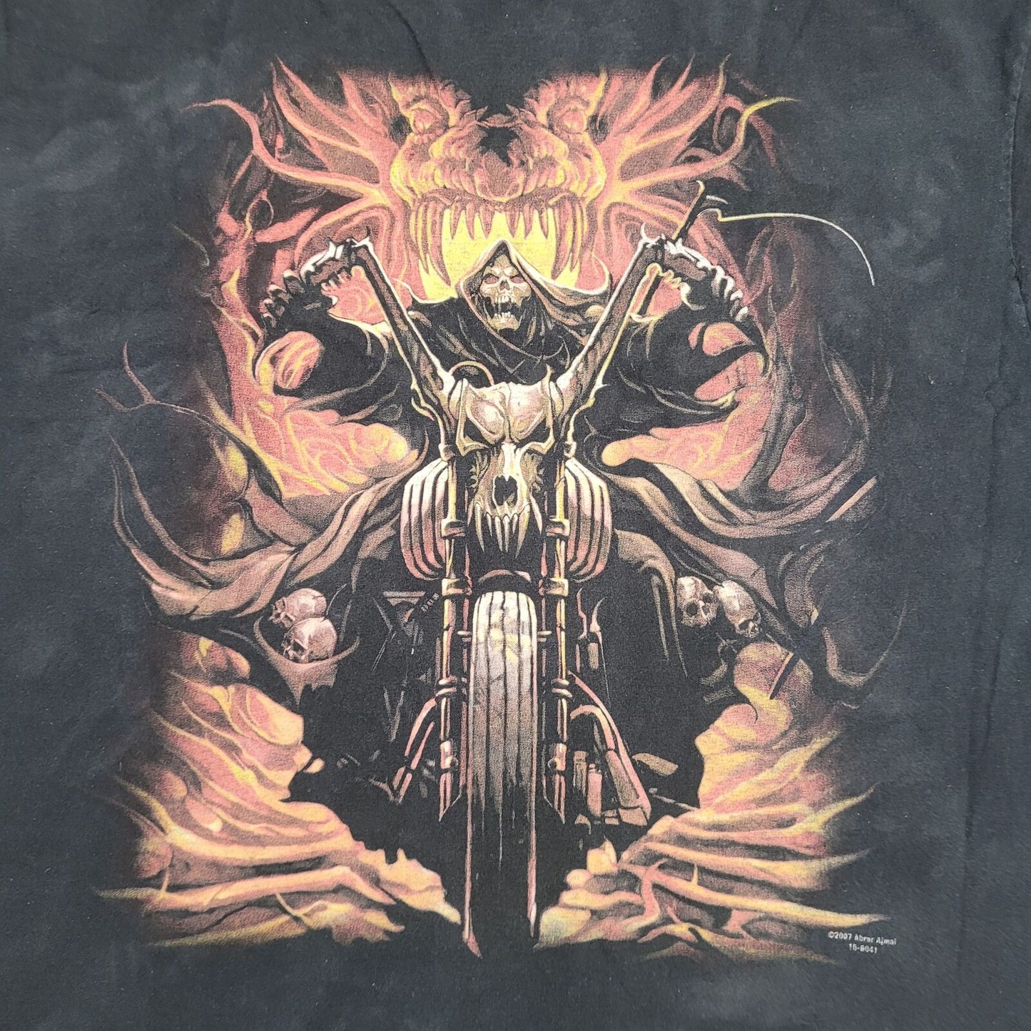 Vintage SKULLBONE Fiery Skeleton Motorcycle Shirt XL 25x20