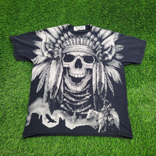 Vintage Y2K Native-Indian Chief Shirt Large 21x26 Black