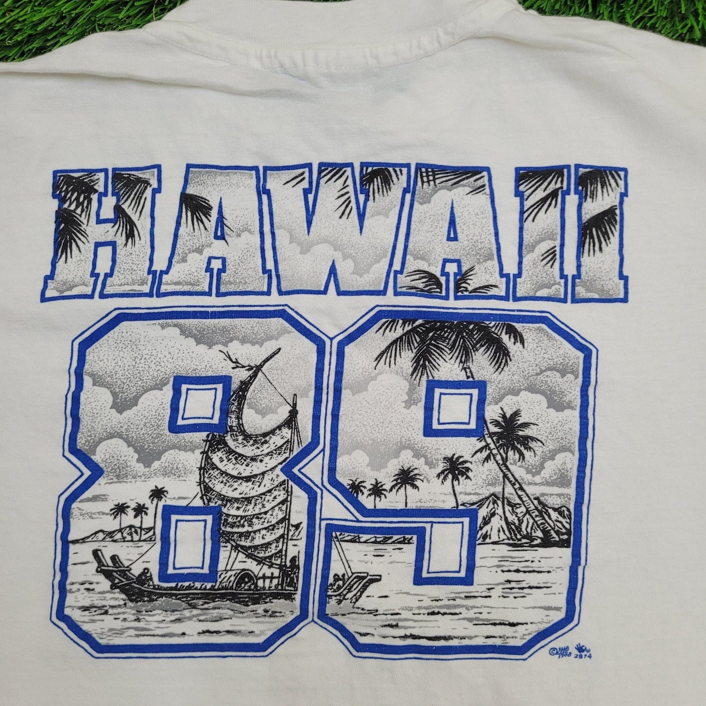 1989 Hawaii Beach Shirt Large 22x23 White Blue Spellout USA