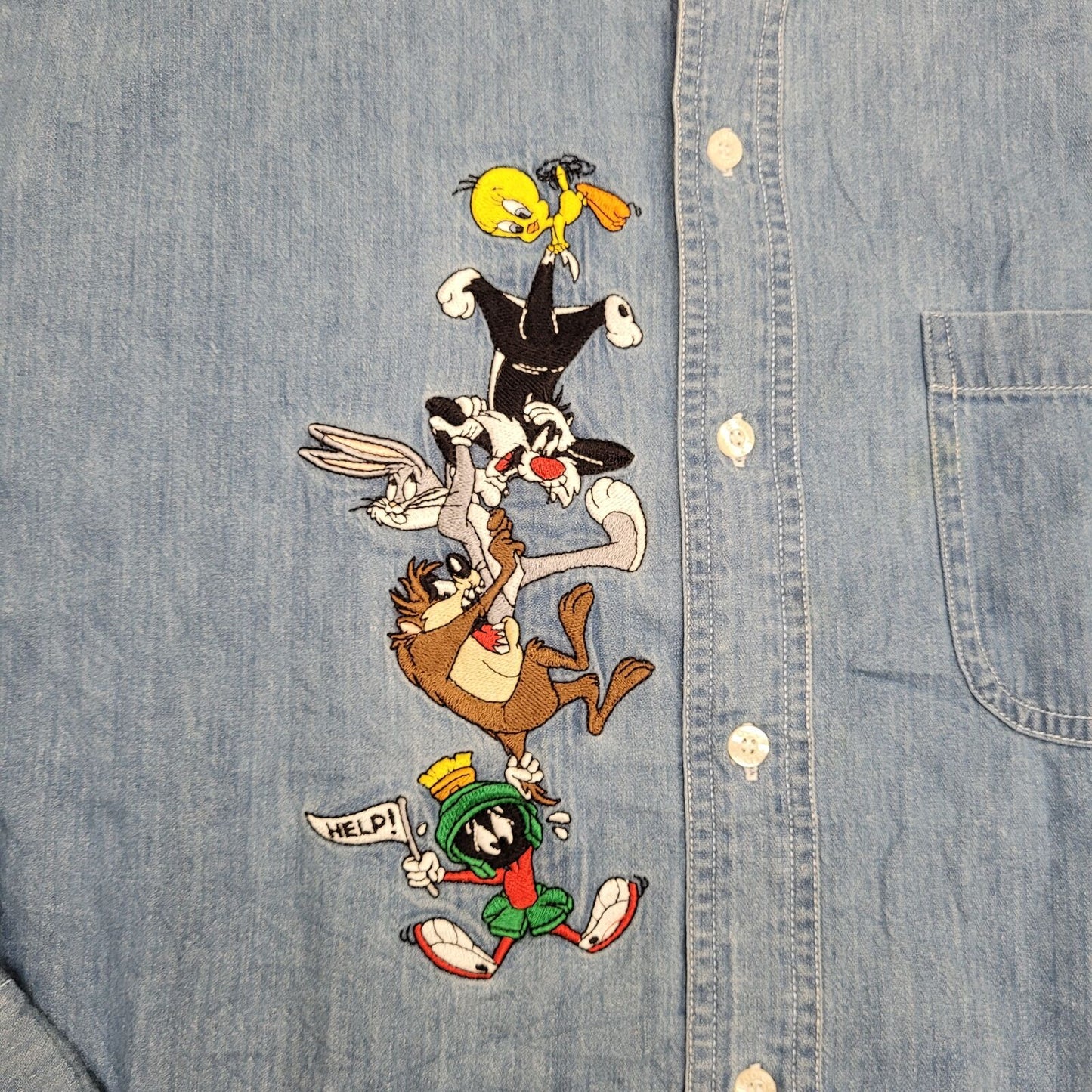 Vintage Y2K Looney Tunes Chambray Shirt Large 24x30