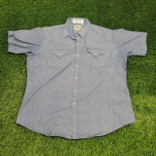 ELY-Cattleman Pearl-Snap Shirt XL 26x31 Baggy Blue Shirttail