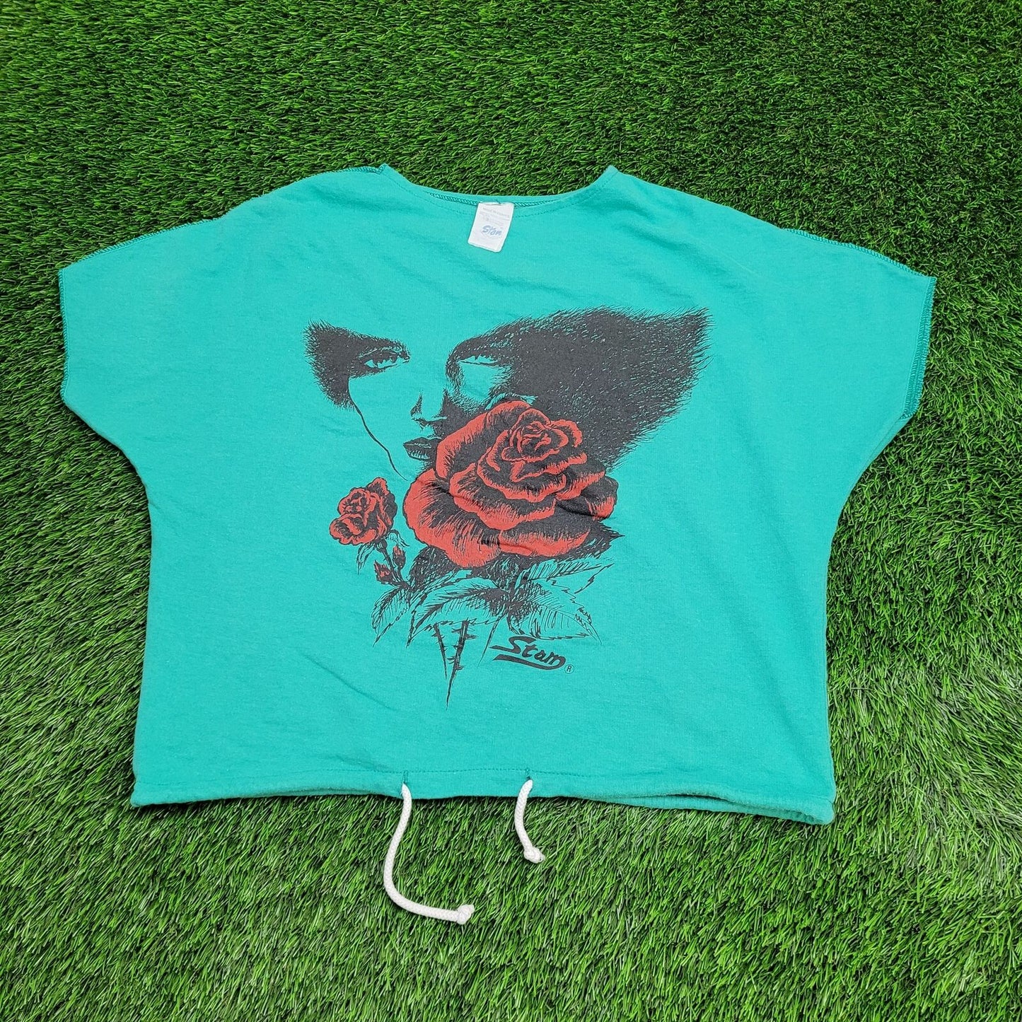 Vintage Stam Roses Cropped Sweatshirt Womens XL 23x23 Green