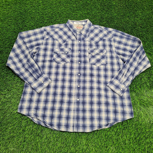 Wrangler Shadow-Plaid Pearl-Snap Button Shirt 2XL 26x30 Blue